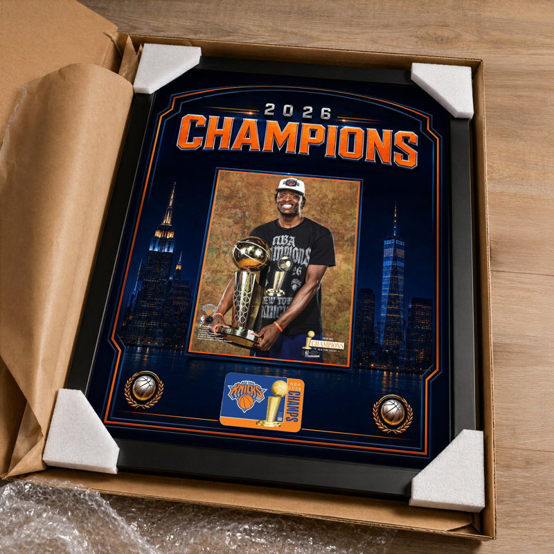 OG Anunoby New York Knicks, conception d'horizon orange, cadre à photo encadré 18 x 22 po, cadre mural noir