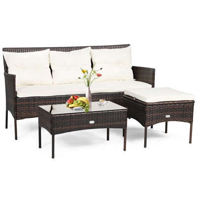 3 PCS Patio Conversation Set Outdoor PE Rattan Garden Furniture Set
