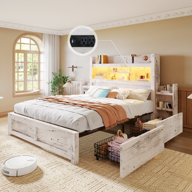 Revan Farmhouse Bed Frame with Bookcase Headboard, 2 Detachable Racks, 4 Drawers & RGB LED, White, King