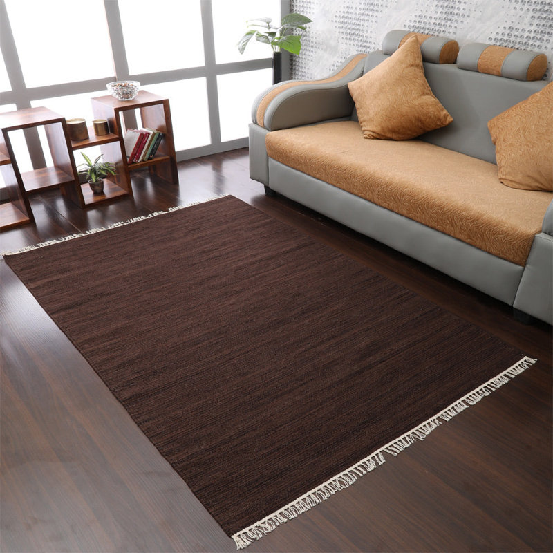 Alithea HAND WOVEN FLAT WEAVE KILIM WOOL ECO-FRIENDLY AREA RUGS - Rectangle, Dark Brown Color, Plain Solid Design, Low Pile Handmade Area Rugs for Living Room, Bed Room