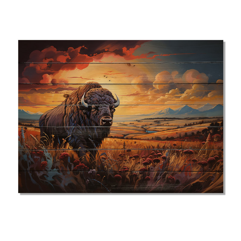 Art amérindien Bison Spirit II sur bois, H 24 po x l 32 po x P 0,78 po