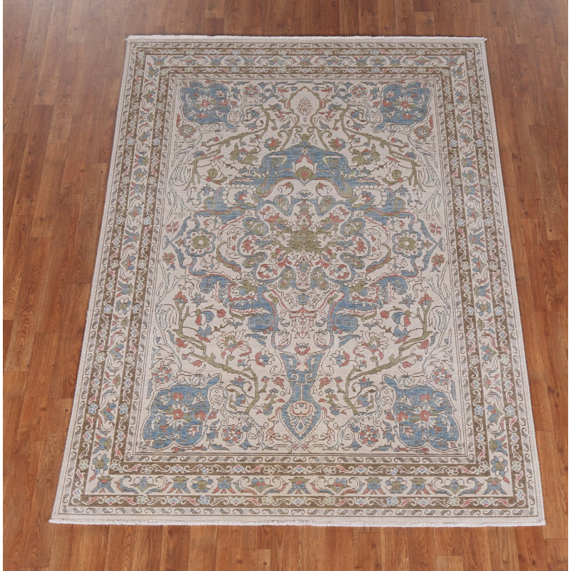 Tapis turc géométrique Oushak noué à la main 5 x 7