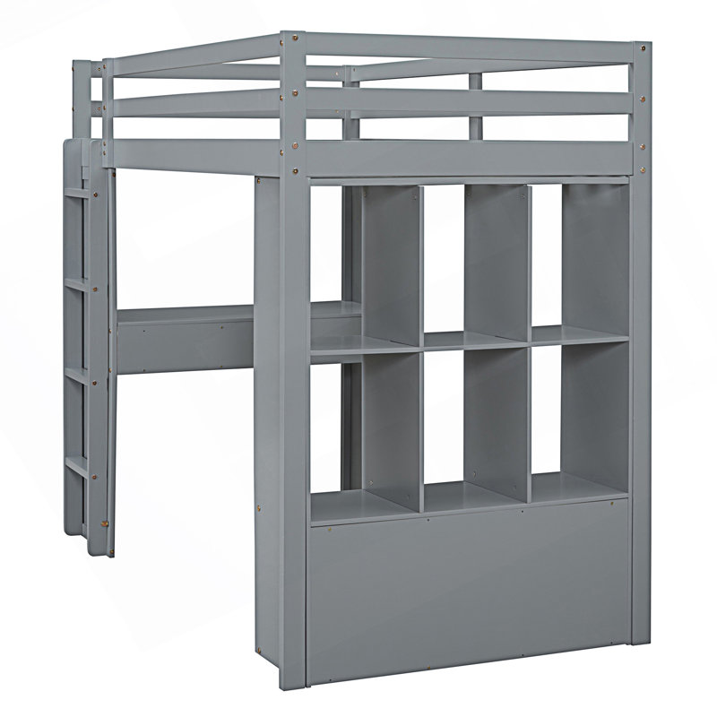 Twin Size Loft Bed With Large Shelves, Writing Desk And Led Light