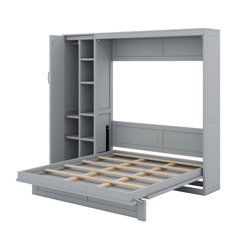 Gulshara Murphy Bed Wall Bed With Shelves, Wardrobe And LED Lights, Grey, Queen