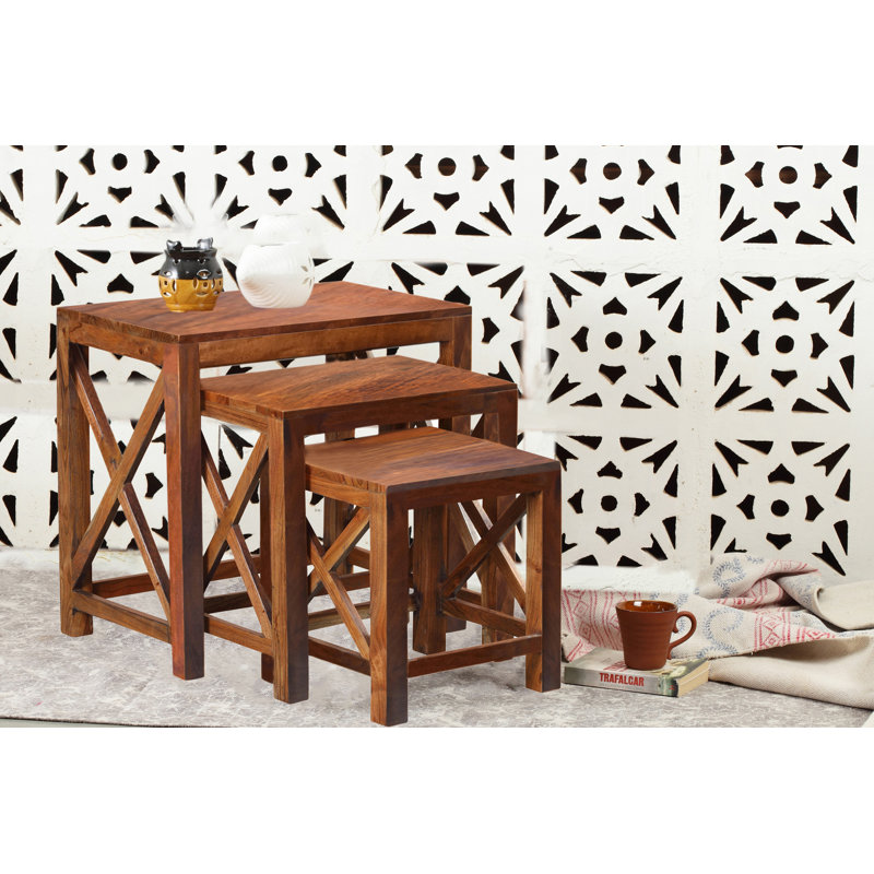 Ensemble 3 pièces de tabourets décoratifs en bois massif Bryn