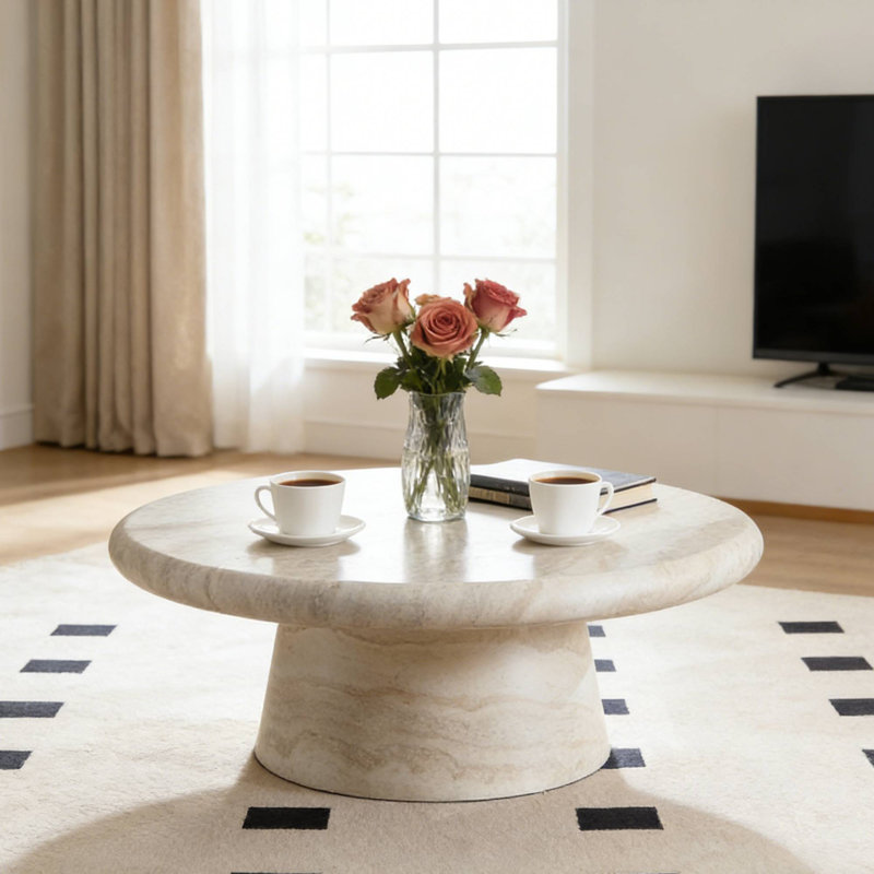 Table basse ronde de 35,43 po à faible encombrement, en simili marbre mat pour coin salon
