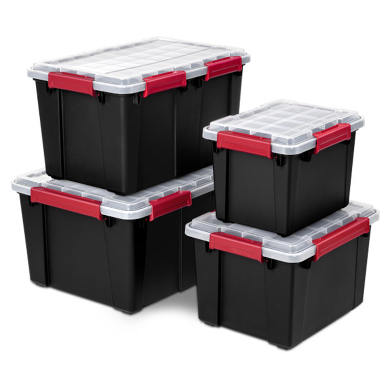 Sterilite 20 Gal Gasket Box, Stackable Storage Container with Lid, Black, 4 Pack