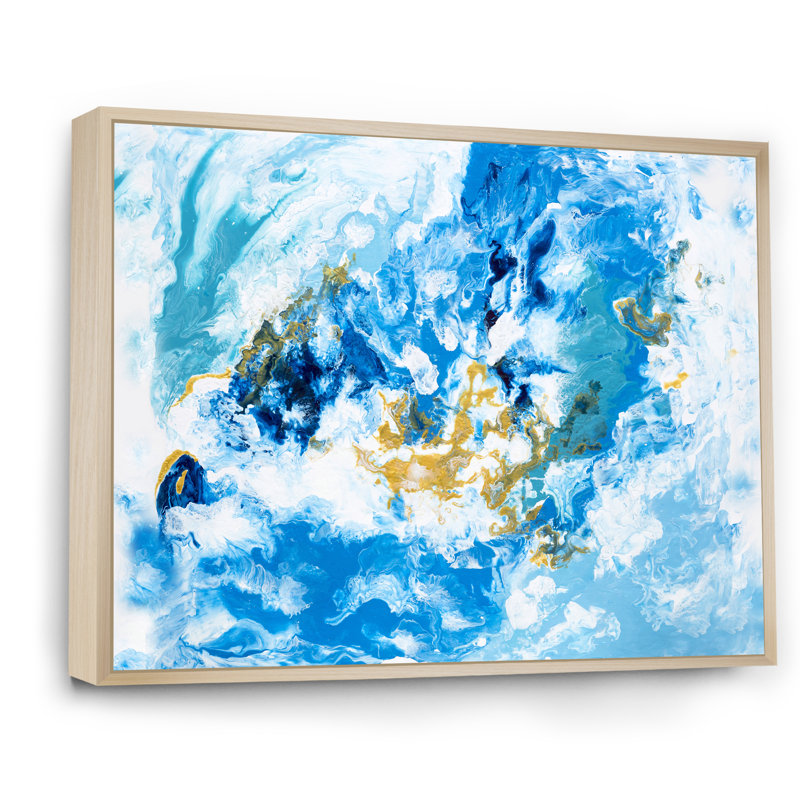 «Blue and White Liquide Waves II», peinture sur toile, H 12 po x l 20 po x P 1 po, Cadre flottant en érable