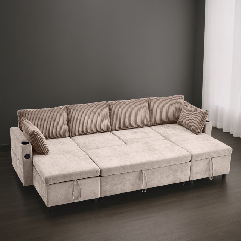 112" U-shaped Pull-Out Sleeper Sectional Sofa Bed with Storage, Brown Chenille