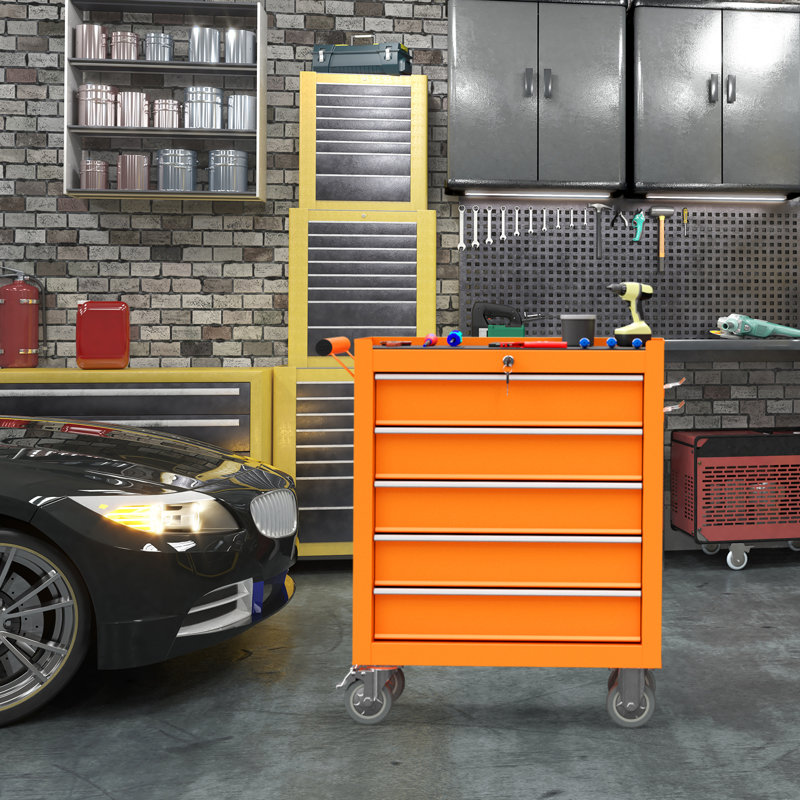 Chariot à outils et table de travail robustes avec 5 tiroirs, roulettes verrouillables et tapis antidérapant, Orange