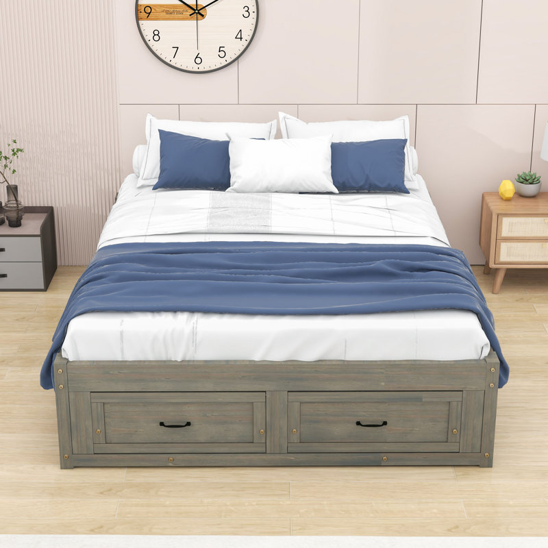 Lit plateforme 6 tiroirs en bois avec pieds centraux, Gris, Grand lit