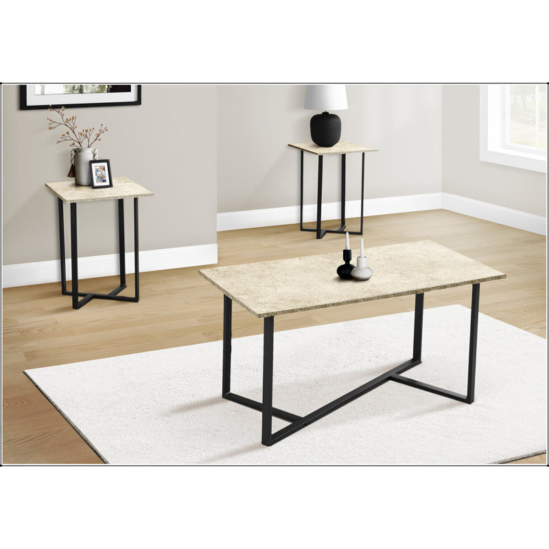 Ensemble de table élégant 3 pièces avec stratifié pierre crème et base en métal noir, parfait pour les salons modernes