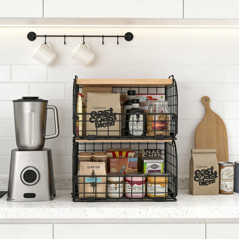 2 Set Stackable Wire Basket With Openable Top, Kitchen Counter Pantry Organizer, Produce Onion Potato Fruit Veggie Bread Bin