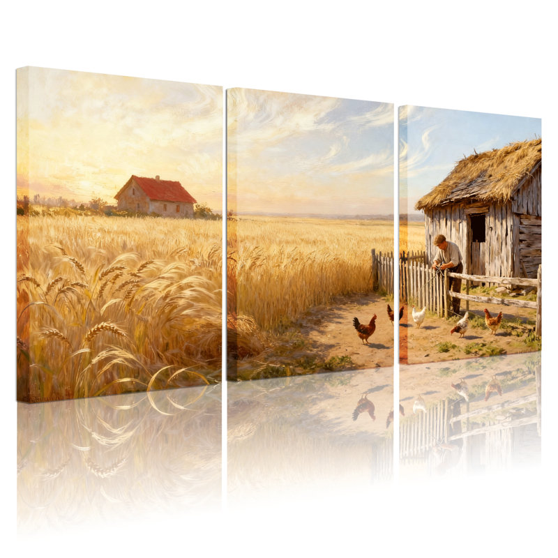 Ensemble de 3 reproductions d'art sur toile, "Paysage de campagne avec paysages de champs de blé doré", H 18 po x l 36 po