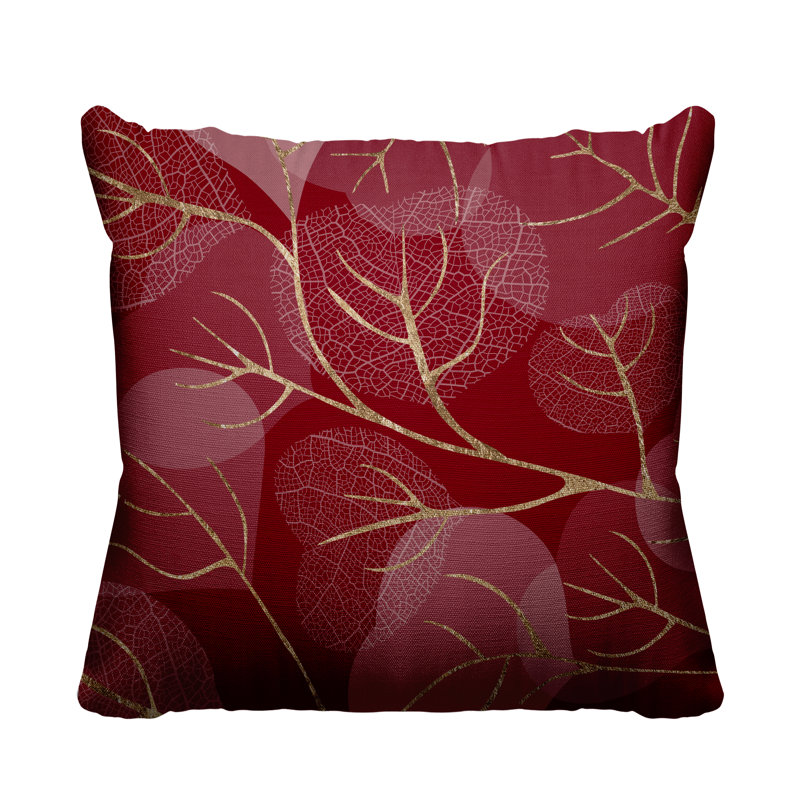 Coussin décoratif intérieur / extérieur Baka Leafs, H 17 po x l 17 po, Rouge/doré