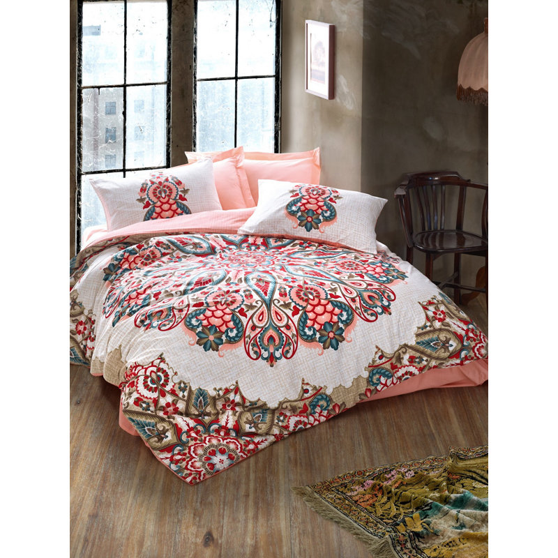 Ensemble de housse de couette 100% coton 4 pièces rouge / bleu / vert Wayne