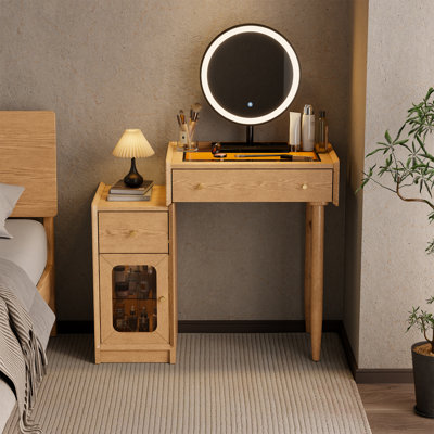Coiffeuse de maquillage en bois massif avec armoire réversible, plateau en verre à DEL et rangement réglable, miroir non inclus
