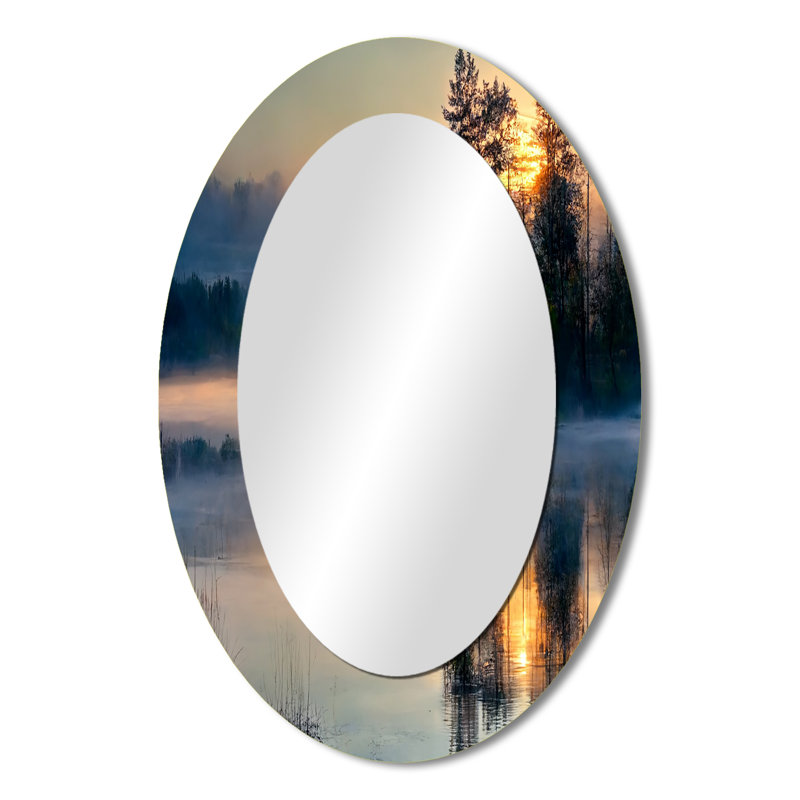 Morning Fog Over The Lake Sunset II - Large Oval Wall Mirror On Metal, 36" x 24"