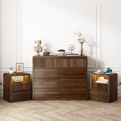 3 Pieces Bedroom Set,9 Drawer Dresser and 2 Nightstand Set with Power Outlet&Linghting