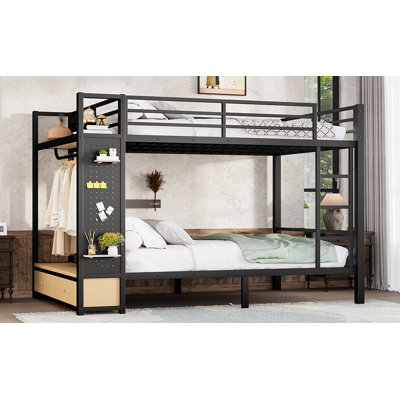 Queen Over Queen Size Metal Bunk Bed For Teens  With Storage Shelves ,Drawers And Pegboard,Black