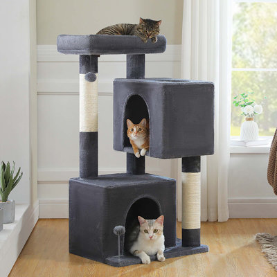 Arbre à chat 44 po pour grands chats 20 lb et plus, 2 condos spacieux avec poteau à griffer épaissi de 3,4 po, grand perchoir supérieur, 2 jouets interactifs