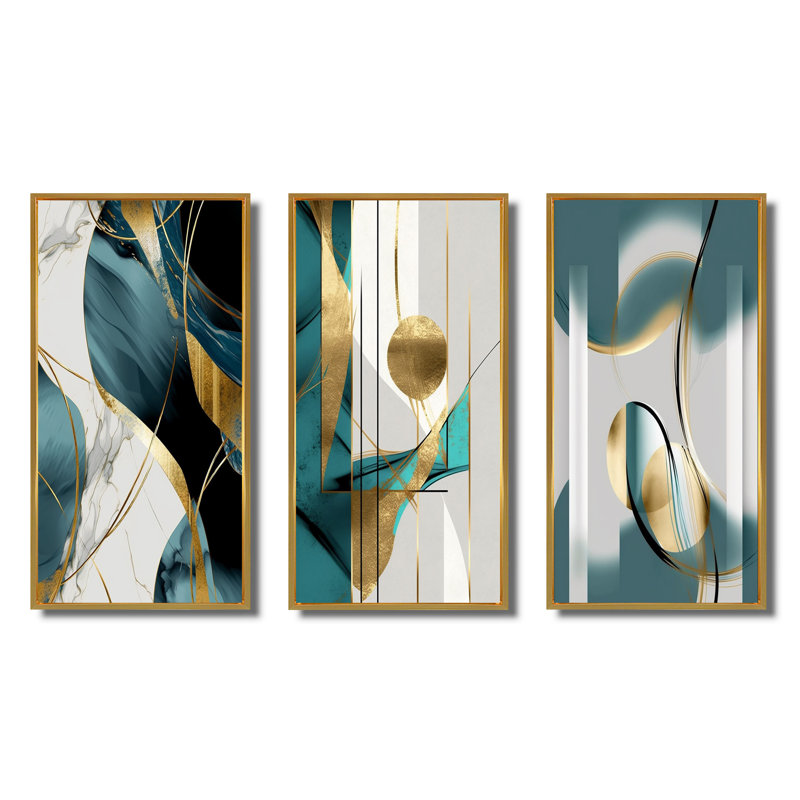 «Pirouette in Turquoise Retro Minimalisme I», ensemble de 3 pièces sur toile, Cadre flottant doré, H 32 po x l 48 po