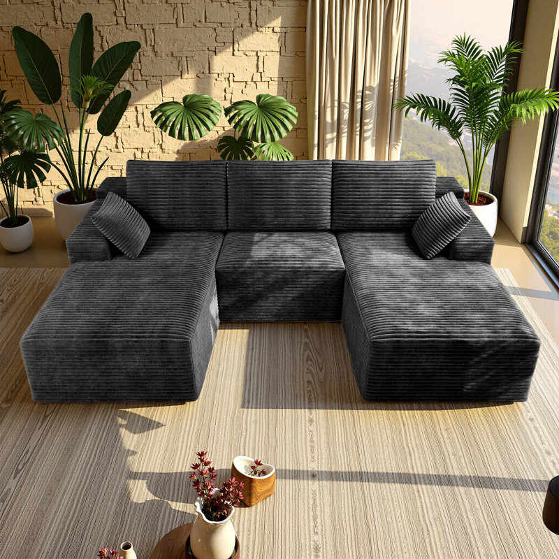 98" U-Shaped Compression Sectional, Corduroy Cloud Couch, Gray, Gray Corduroy