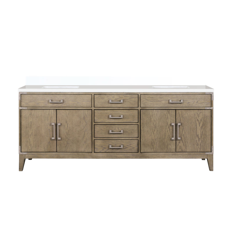 Meuble-lavabo double de 80 po L Chêne gris, plateau en quartz blanc, bois massif, deux armoires et cadre de rangement à tablettes ouvertes, variété