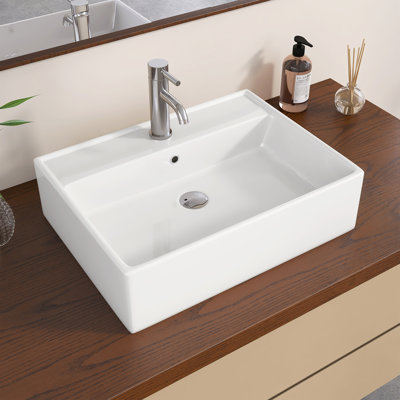 22.5 In. X 15.75 In. Rectangular Ceramic Wall Mount Small Vessel Sink With Center Faucet Hole In White
