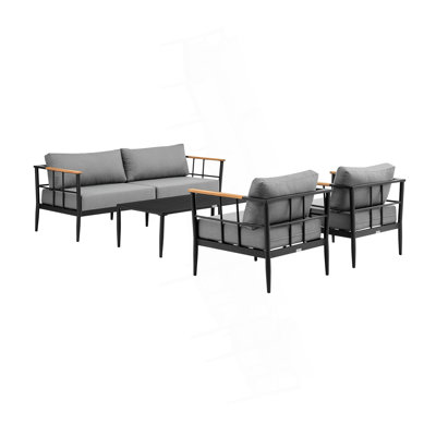 Canapé d'extérieur en aluminium et bois de teck noir et gris foncé