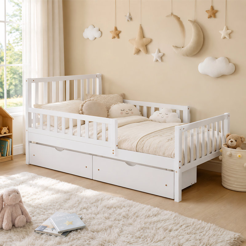 Lit plateforme en bois avec garde-corps des deux côtés de style minimaliste avec deux tiroirs de rangement et une tête de lit