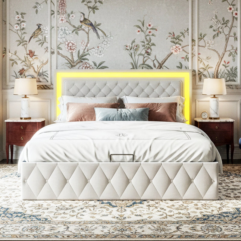 Velvet Ottoman Bed With LED Headboard, Glam Upholstered Storage Frame With Crystal Tufting, Black & Beige, Beige