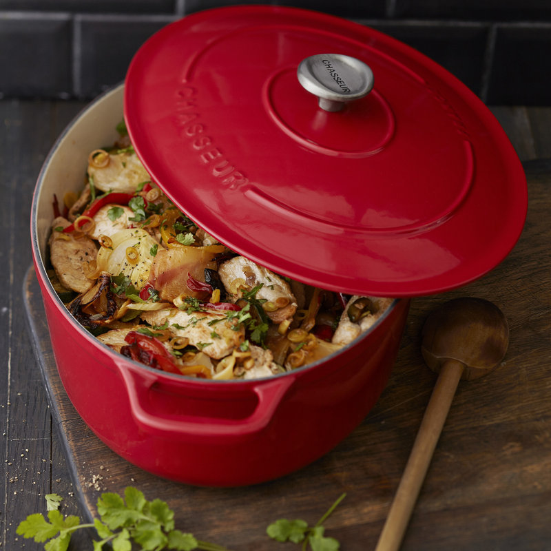Red Enameled Cast Iron 2.6 Quart Oval Braiser with Lid