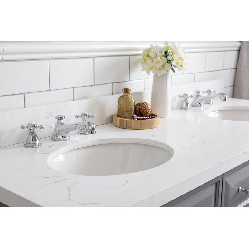 60" Palace Collection Quartz Carrara Cashmere Grey Bathroom Vanity Set With Hardware And F2-0009 Faucets in Chrome Finish