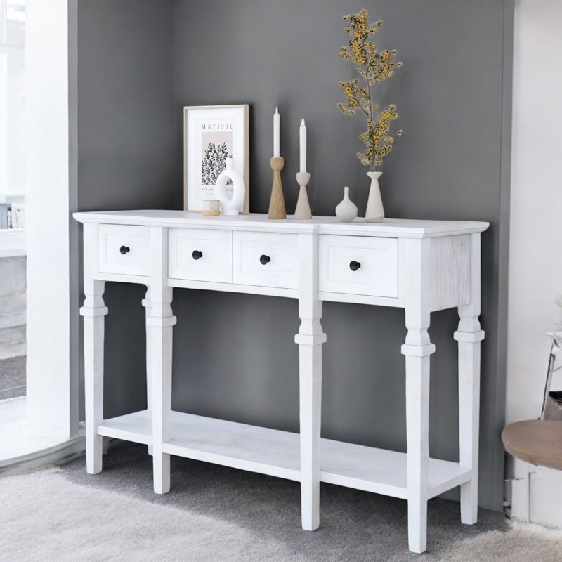 Console en bois massif 58,07 po Wampler, Blanc, Blanc, H 34,06 po x l 58,07 po x P 11,02 po