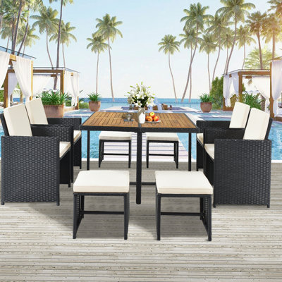 Patio All-Weather PE Wicker Dining Table Set with Wood Tabletop for 8, Black Rattan+Beige Cushion -  Hokku Designs, 4C68559FBCF943A0BE1A7F2AF323F10E