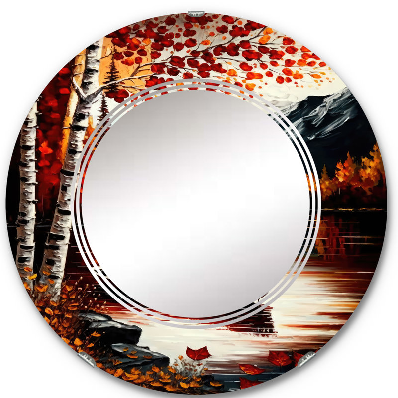 Bouleaux Parinika rouge et orange au bord du lac - miroir mural paysage lac, 24 po x 24 po