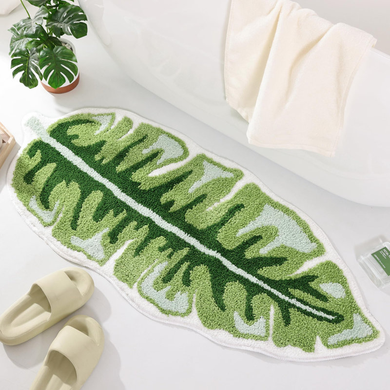  Green Leaf Bath Mat, Large Banana Leaf Plant Bathroom Runner Rug, Non Slip Absorbent Cute Palm Shaped Bathtub Rug Plush Shower Rugs (45"x20")