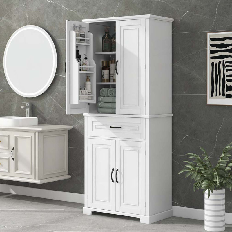 Armoire de rangement autoportante avec portes et tiroir, espace de rangement multiple, tablette réglable, Blanc