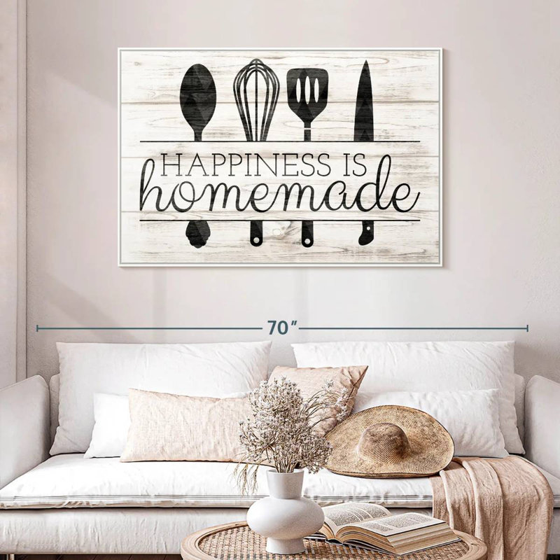 Happiness Is Hommade Kitchen Tools, 46 po x 31 po, Cadre flottant blanc