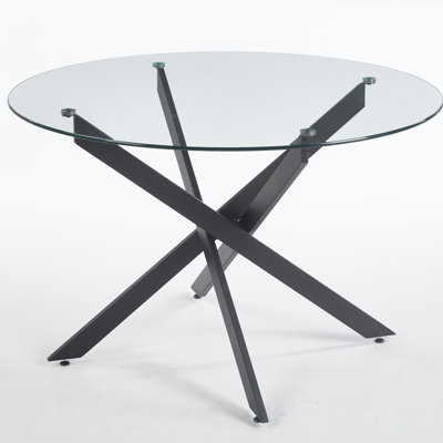 Kaison Dining Table with Tempered Glass Top & Cross Metal Legs by Wrought Studio
