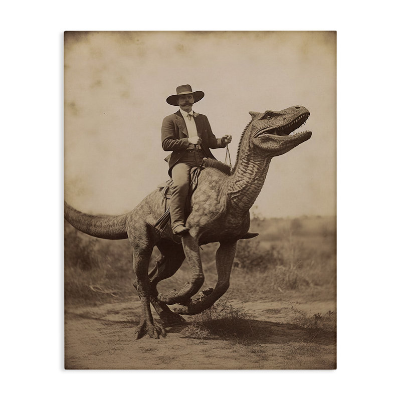 «Wild West Man Riding Dinosaur», art mural par lettré et doublé, H 30 po x l 24 po