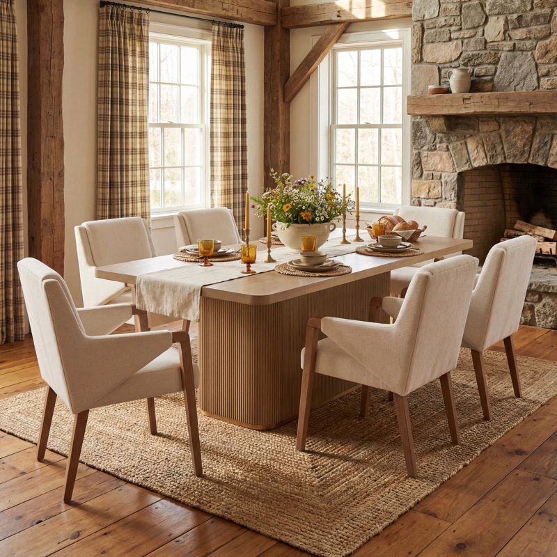 Ensemble de table de salle à manger en bois d'hévéa pour 6 personnes avec chaises rembourrées Defeo, Light Ash