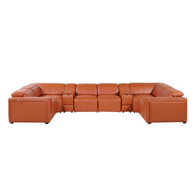 Top Grain Italian Leather 8-Piece U-Shaped Modular Power Reclining Sectional With 4 Power Recliners & Power Headrests