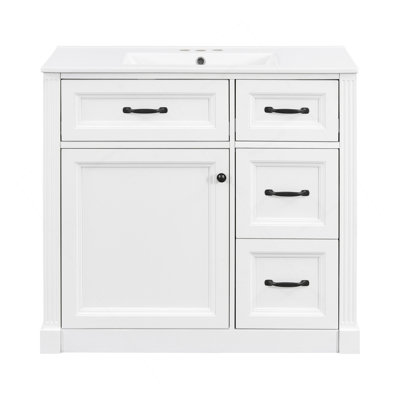36 Inch Bathroom Vanity With Sink, Cabinet With 4 Drawers, Soft-Close Door & Adjustable Shelf, Ceramic Basin, Modern Storage Vanity For Bathroom Organization, White Finish