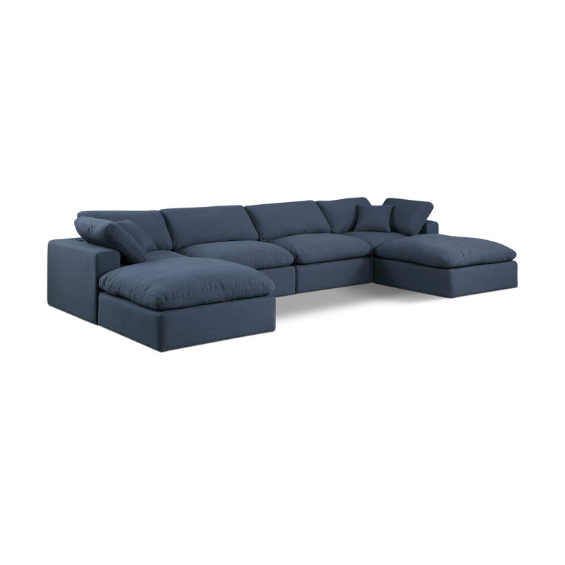 Canapé modulaire 6 pièces rembourré, Tissu texturé en lin bleu marine