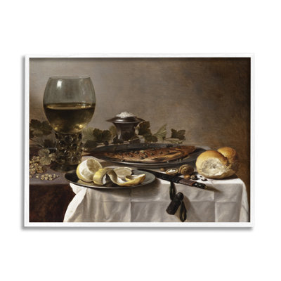 Nature morte avec du vin de hareng et du pain par Peter Claesz par One1000paintings - peinture sur toile à cadre flottant