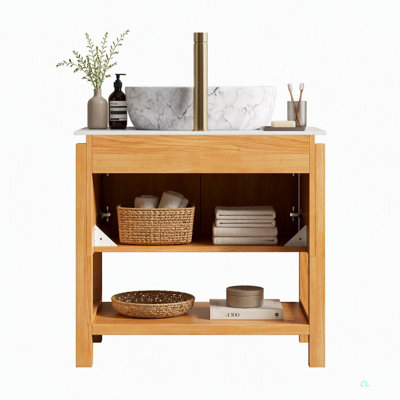 Meuble-lavabo de 76 cm avec lavabo intégré, meuble de rangement autoportant en contreplaqué, 2 portes d'aspect bambou et étagère ouverte, lavabo en céramique à motif marbre et comptoir en pierre frittée.
