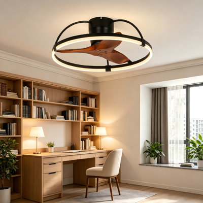 24" Flush Mount Solid‑Wood Fandelier with Remote, 3000K‑6000K LED Low Profile Ceiling Fan Light for Indoor Home