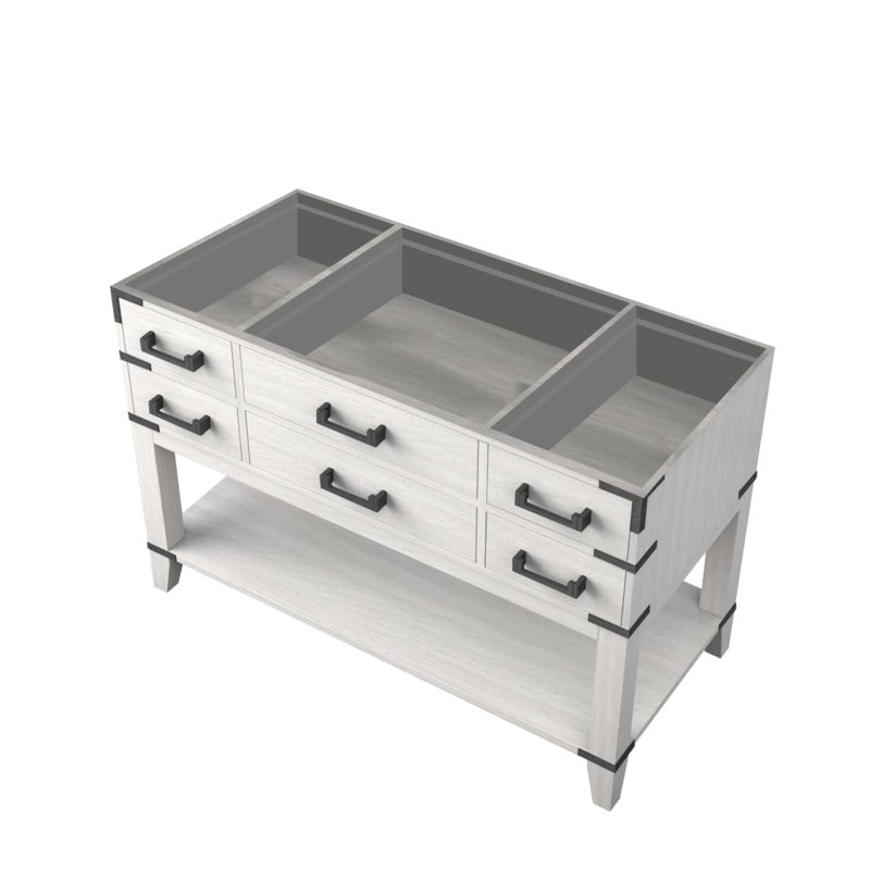 48 po W Meuble-lavabo simple en chêne blanc avec fonctionnalité de fermeture en douceur, cinq unités de tiroir, tablette ouverte, noyau et côtés en bois massif pour une installation rapide, système, compartiments de rangement, armoire, entièrement